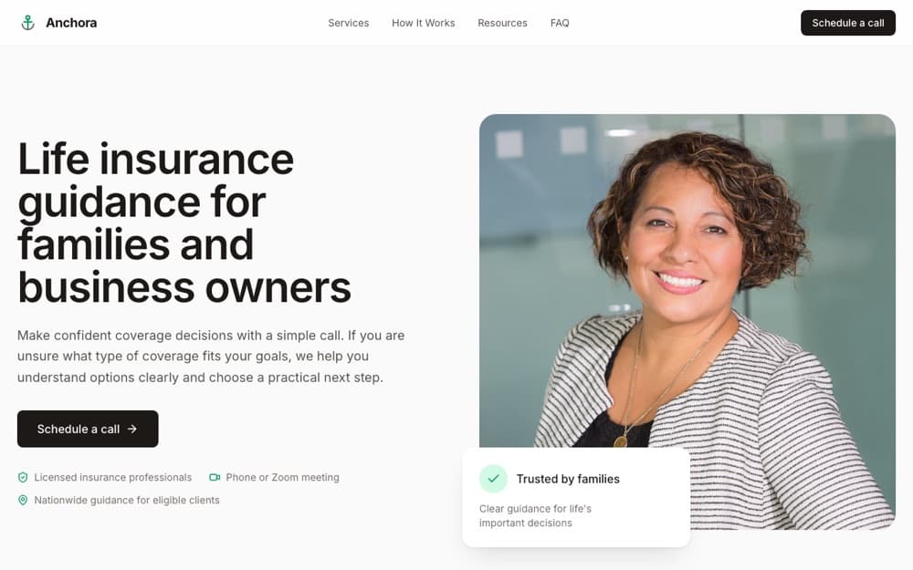 Anchora Insurance website homepage