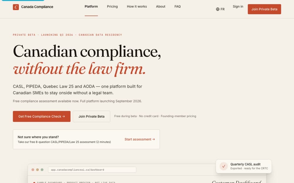 Canada Compliance AI product homepage