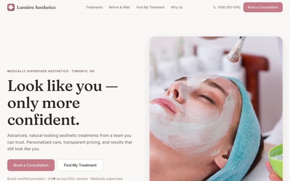 Homepage of Lumière Aesthetics: a med-spa site with treatment pages, a before-and-after gallery, transparent pricing, and consultation booking