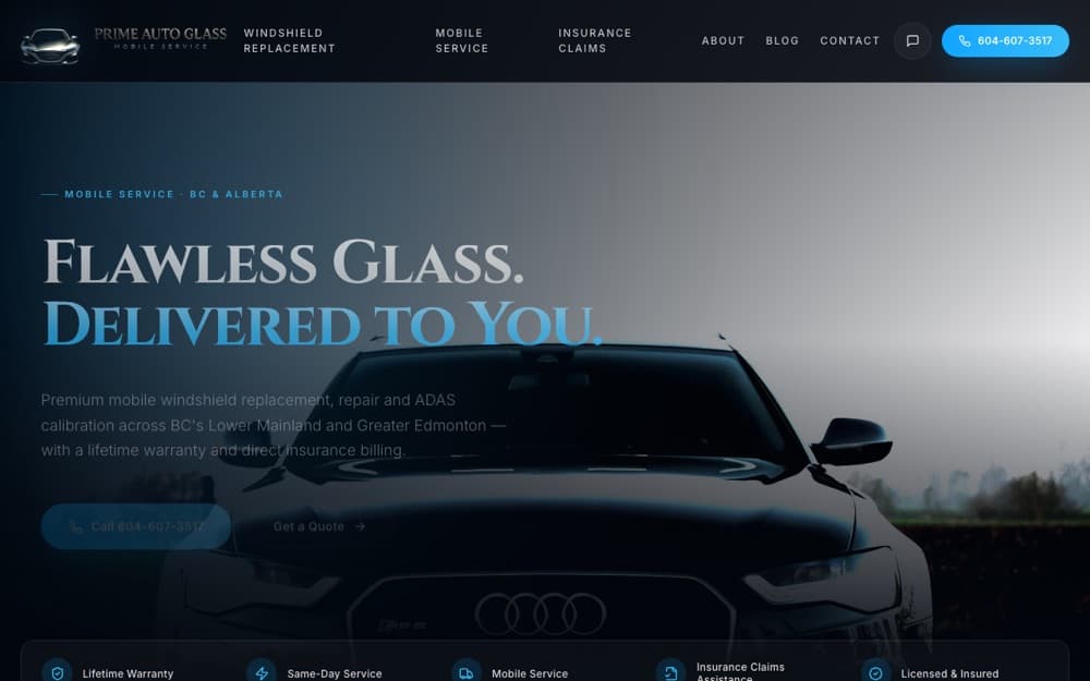 Prime Auto Glass website homepage