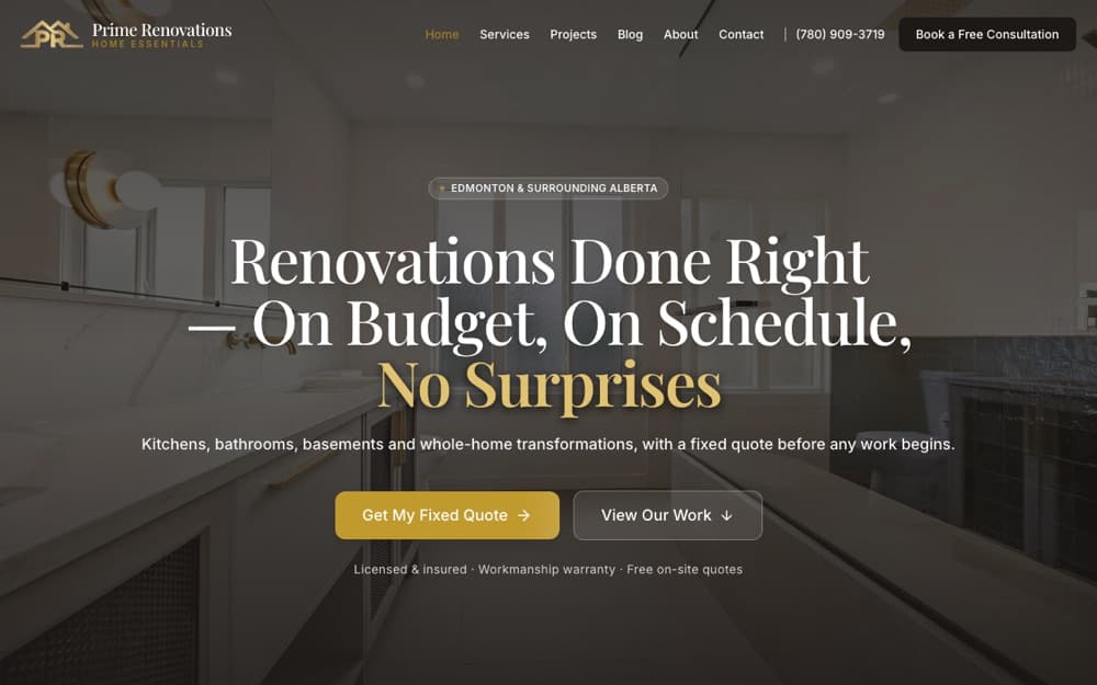 Prime Renovations website homepage