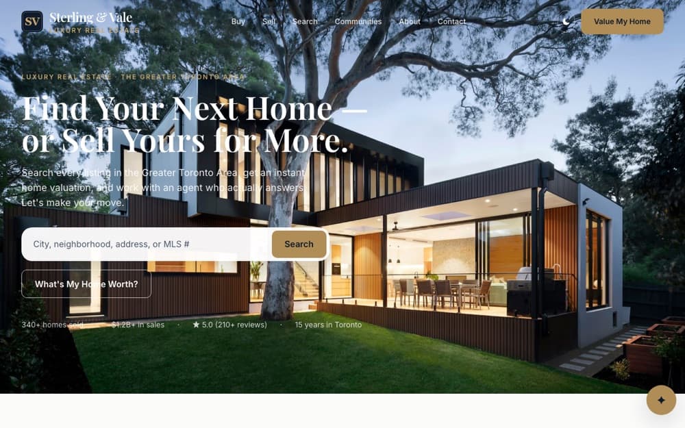 Homepage of Sterling & Vale: a luxury real-estate site with full listing search, an instant home-valuation tool, and buyer/seller flows