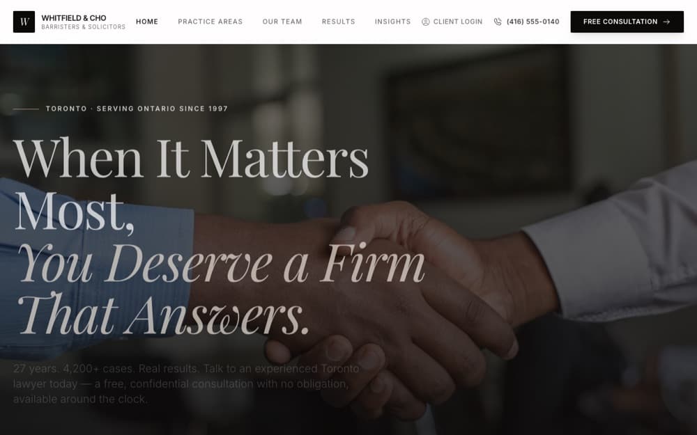 Homepage of Whitfield & Cho LLP: a full-service law-firm site with practice-area pages, attorney profiles, and 24/7 consultation booking